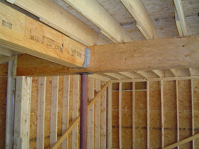 Triple wide common faced joist hanger tying two beams together.