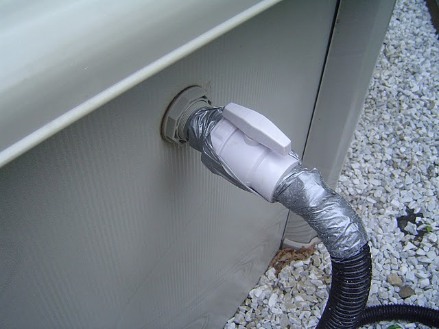 Another use of duct tape. By forming a bra with the duct tape you can help prevent the pool hose from slipping off the end of the outlet adapter.